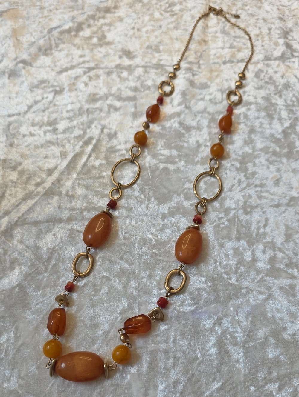 Vtg Gold-Tone Long Boho Festival Necklace with Orange Beads